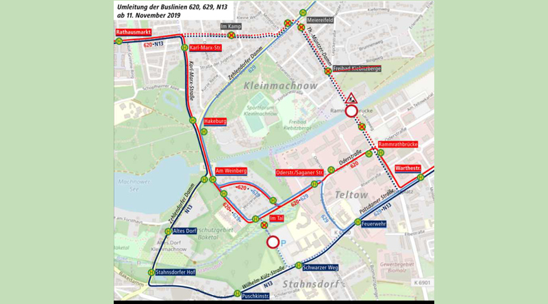 Mit Beginn der Bauarbeiten für den Neubau der Rammrathbrücke zwischen Teltow und Kleinmachnow sowie der damit verbundenen Sperrung des Schwarzen Wegs in Kleinmachnow werden die Linien 620, 629 und N13 ab Montag, 11. November, bis auf Weiteres in beiden Fahrtrichtungen zwischen den Haltestellen Teltow, Warthestr. und Kleinmachnow, Rathausmarkt (620, N13) bzw. Im Tal (629) umgeleitet.